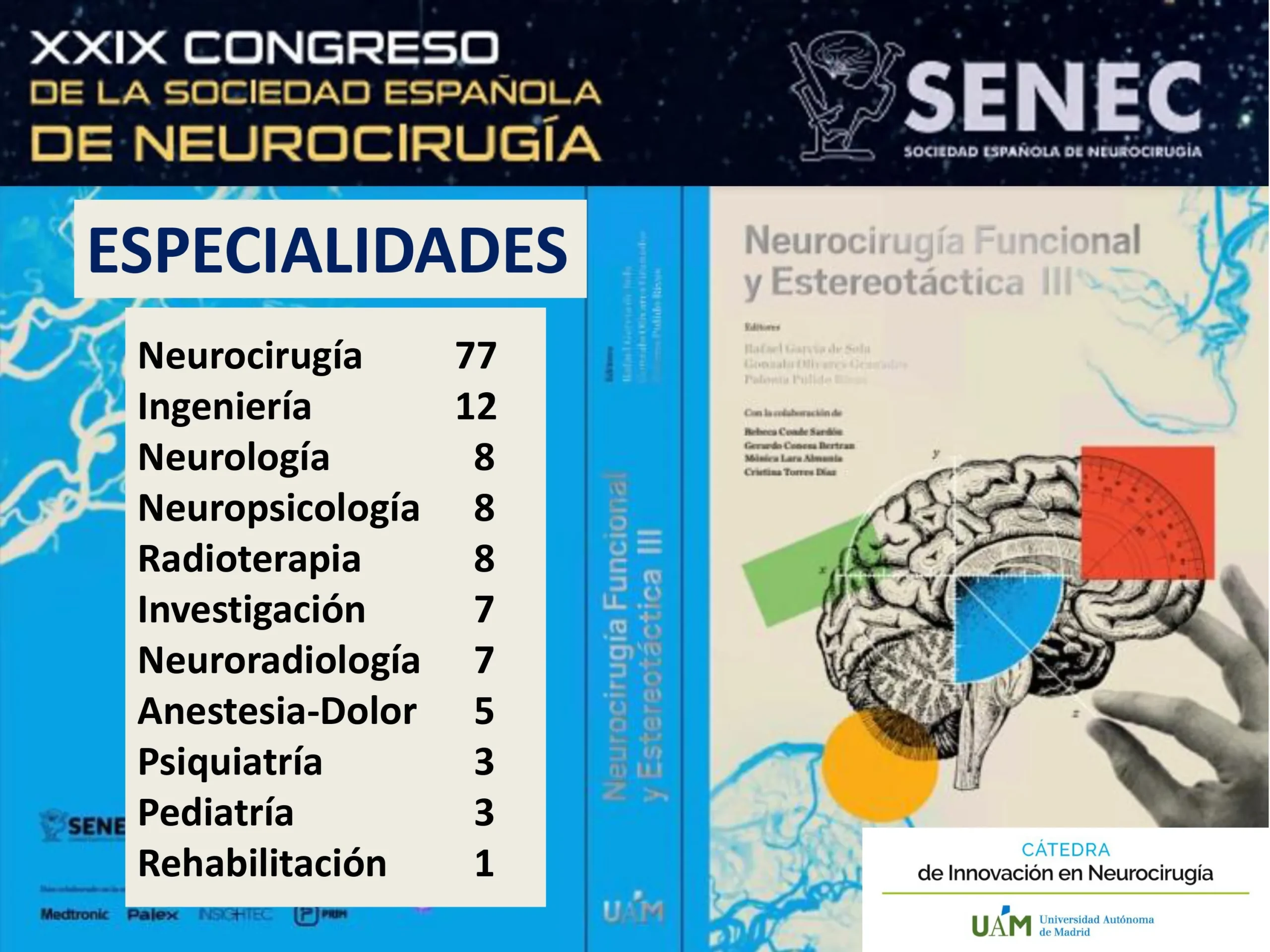 Figura 8.- Distribución de autores por especialidad, con predominio de neurocirugía (77) pero con amplia representación de ingeniería, neurología, neuropsicología, radioterapia y otras disciplinas.